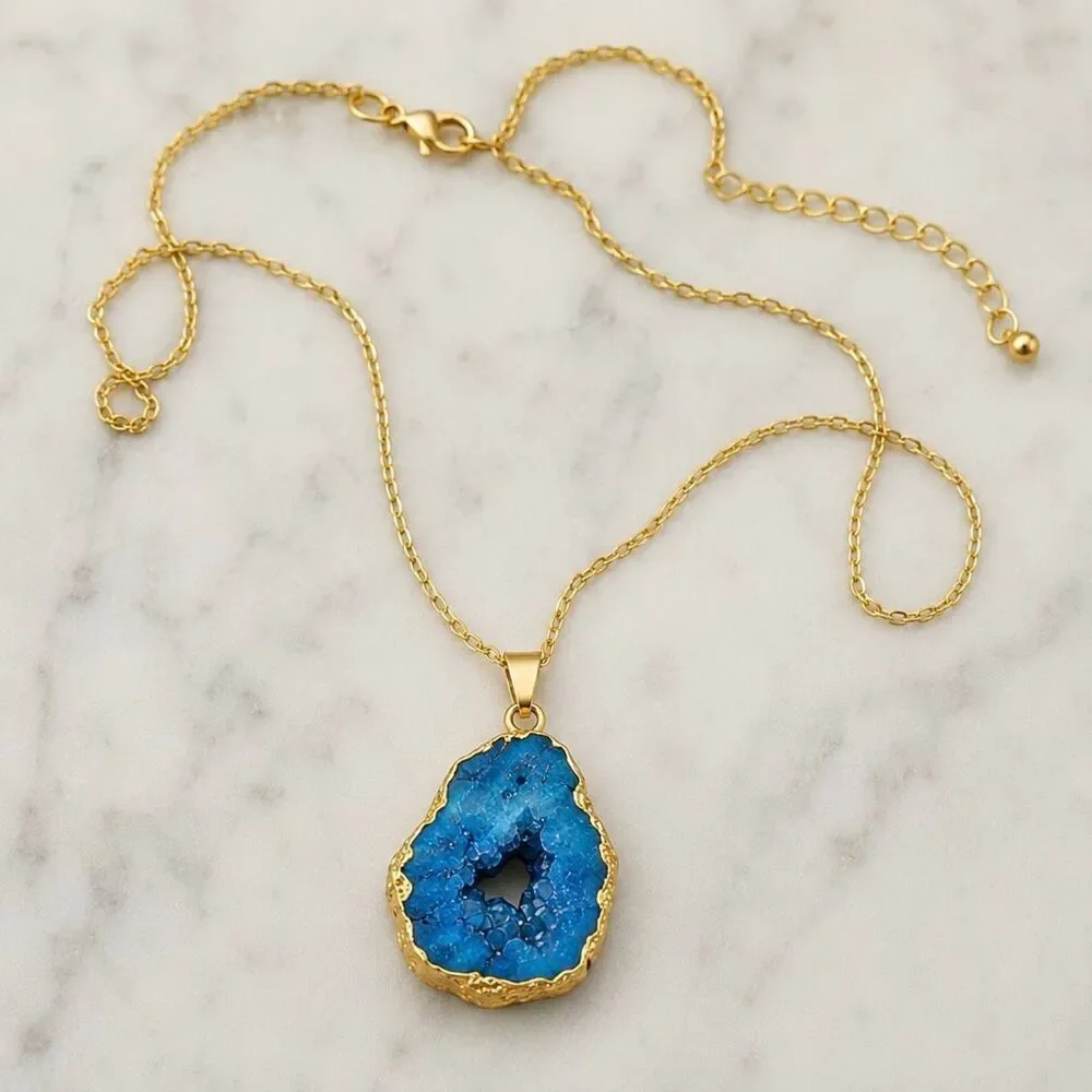 Raw Blue Agate Pendant Necklace Gold Tone Freeform Quartz Short Chain